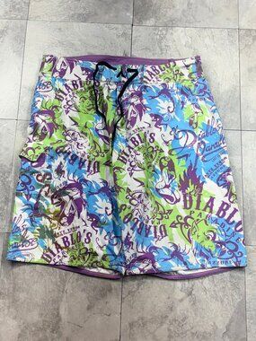 Azzure Diablo Board Shorts Men's 36 Multicolor Tattoo Graphic Y2K